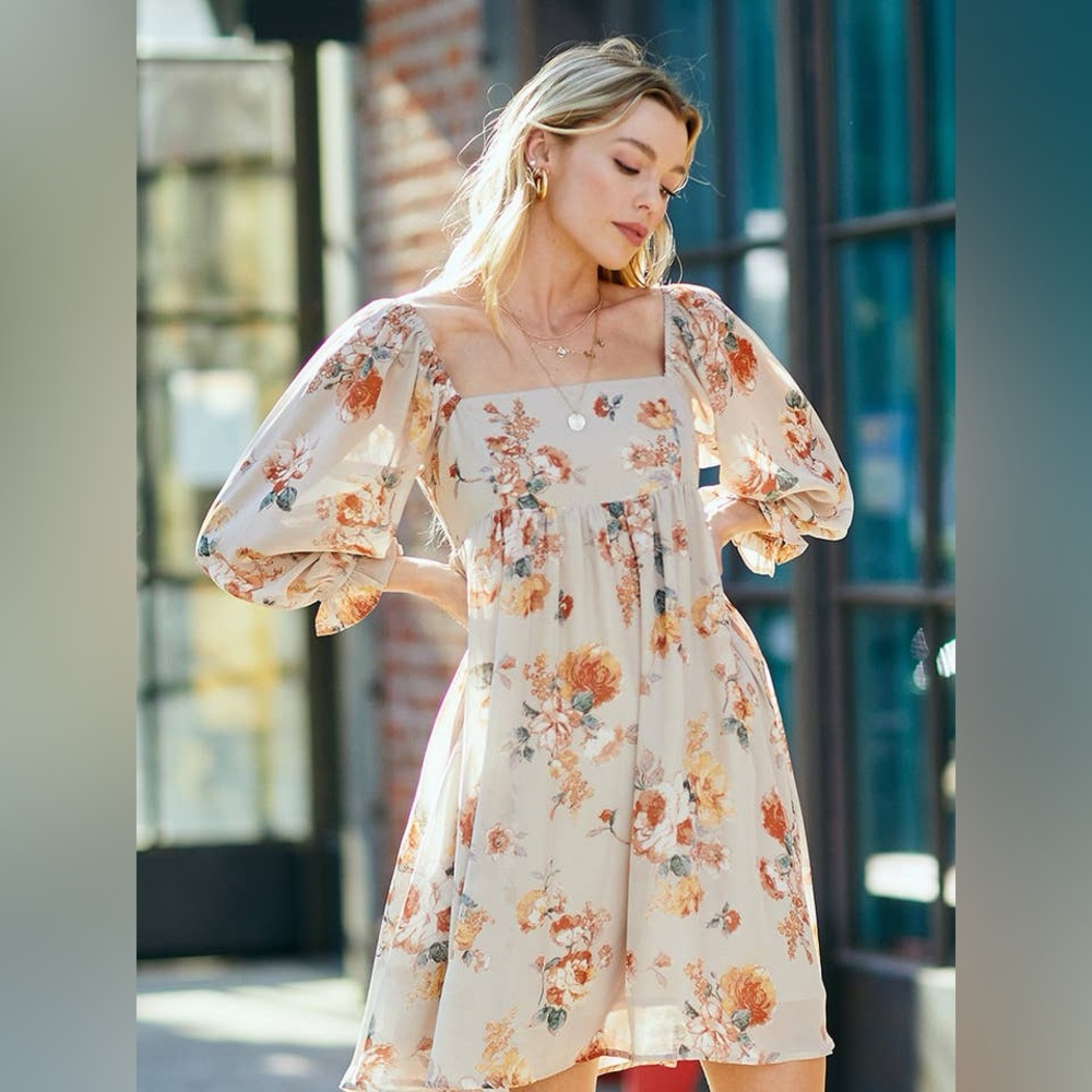 NWT Sweet Lemon Baby Doll Clair Floral Sleeve Dress Nude Flowers Mini Dress